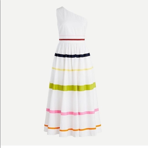 J Crew One Shoulder Ribbon Striped Summer Dress Midi White Sz 2 - Picture 2 of 15